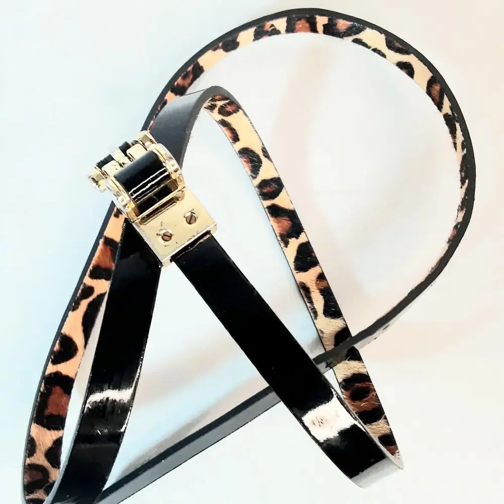 Womens Skinny Black Patent Leather Fuzzy Chita Print Reversable Belt Size Large
